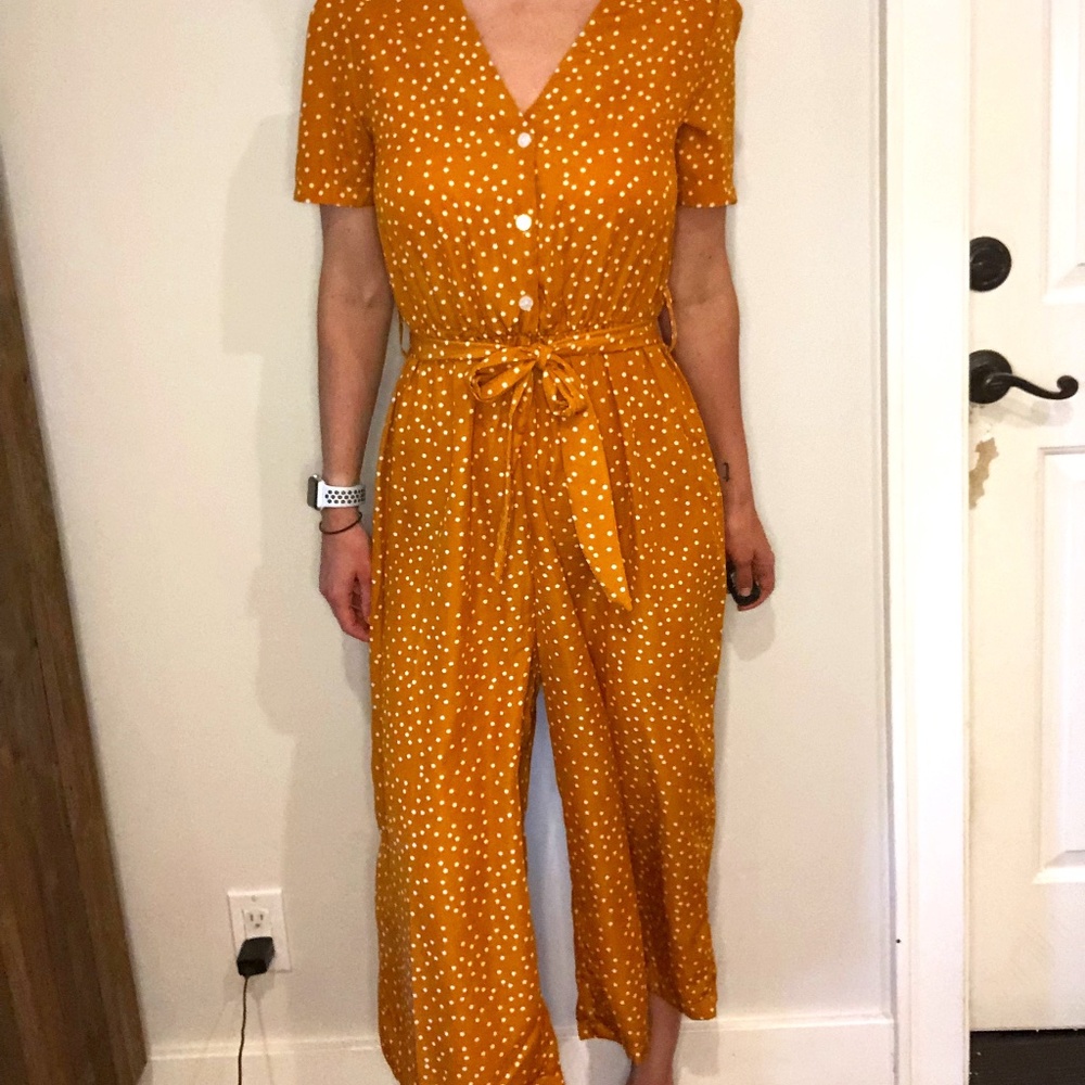 Casual yellow white polka dotted jumpsuit XS